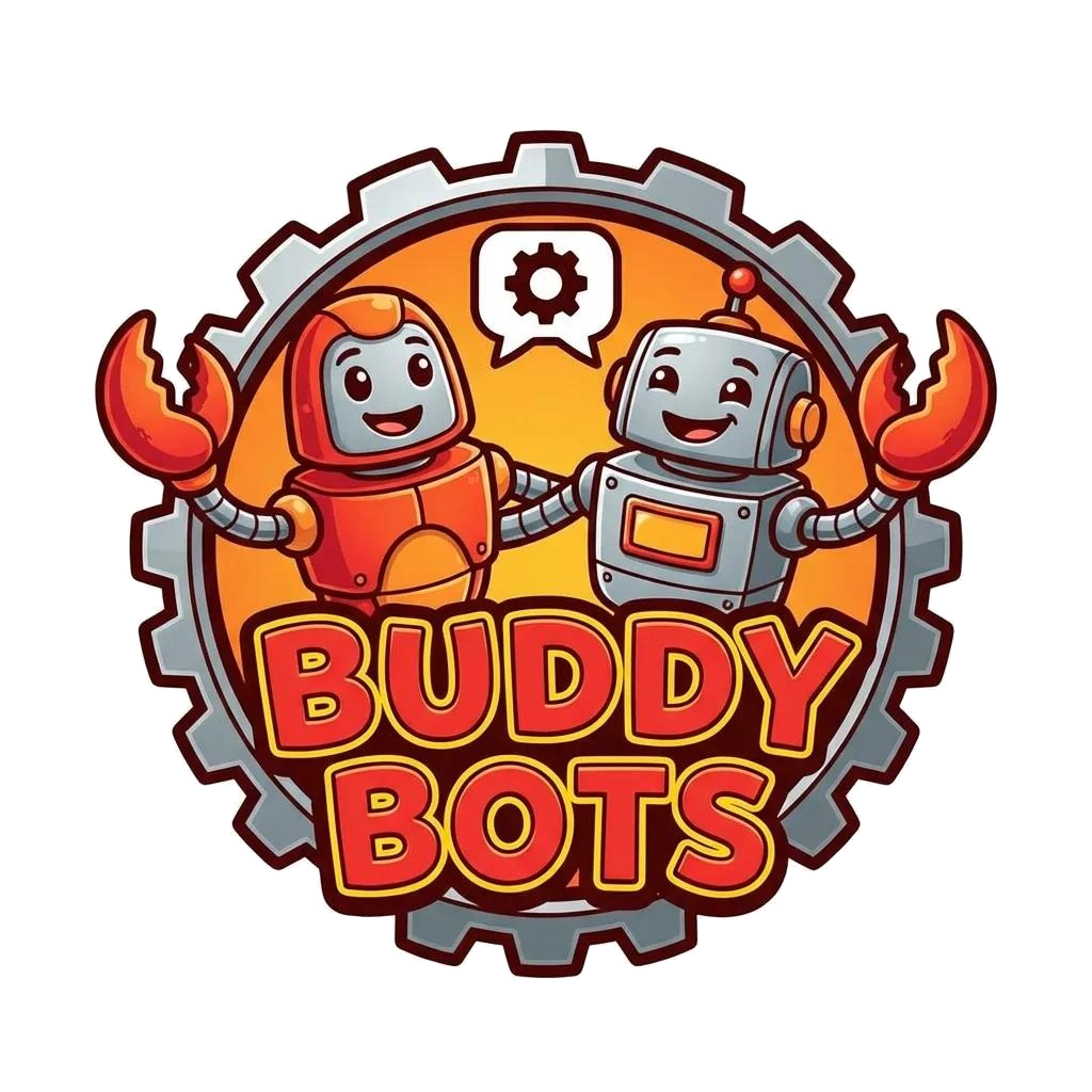 Buddy Bots logo — two friendly robots inside a gear